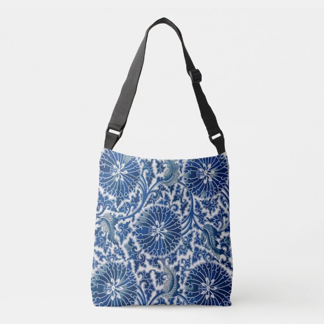 Retro Blue Poppy Chinoiserie Crossbody Bag (Front)