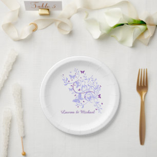 Retro Blue Purple Butterfly Swirl Wedding Paper Plate