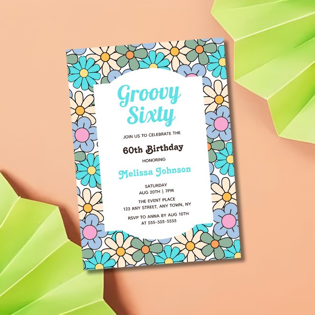 Retro Blue Purple Floral Groovy 60th Birthday Invitation (Creator Uploaded)