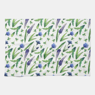 Retro Blue Purple Green Watercolor Floral Tea Towel
