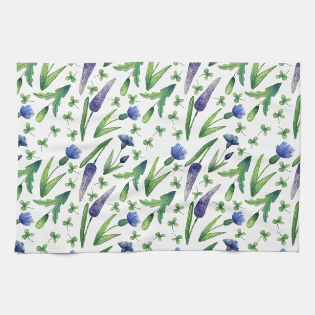 Retro Blue Purple Green Watercolor Floral Tea Towel (Horizontal)