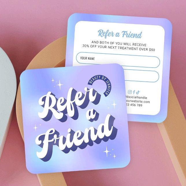 Retro Blue Purple Logo Refer a Friend Beauty Salon Referral Card (Trendy retro style refer a friend card with groovy style fonts in blue and purple)