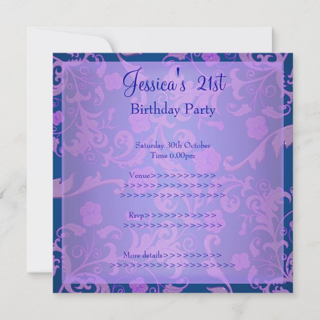 Retro Blue Purple Metallic Floral 21st Birthday 1 Invitation (Front)