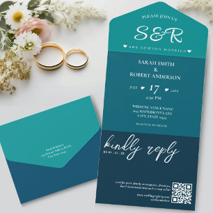Retro Blue QR Code Wedding All In One Invitation