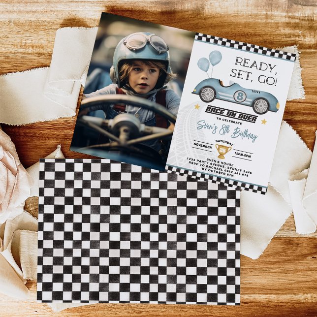 Retro Blue Race Car Balloon Boy Birthday Photo Invitation (Creator Uploaded)