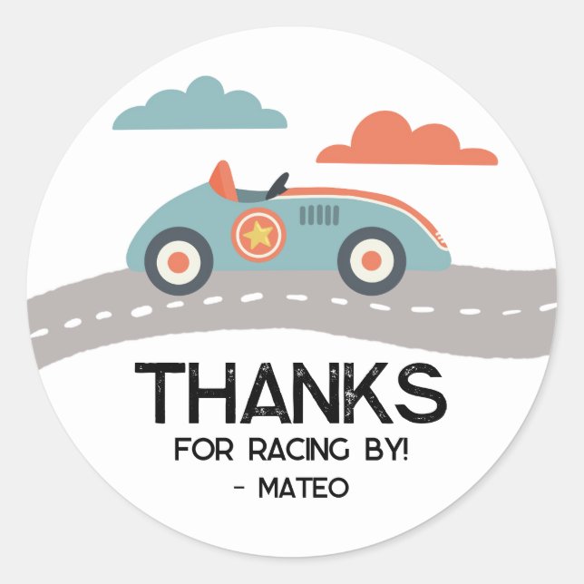 Retro Blue Race Car Birthday Party Favour  Classic Round Sticker (Front)