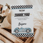 Retro Blue Race Car Boy Birthday Party Thank You Card<br><div class="desc">Designed with a retro dusty blue race car,  racing flags,  and modern typography,  this thank you card captures the thrilling spirit of a race track.</div>