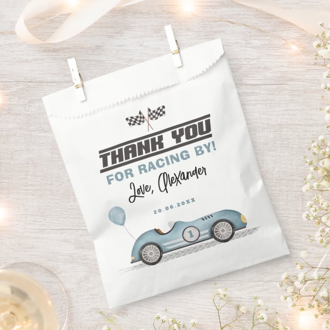 Retro Blue Race Car Fast One 1st Birthday Favour Bags (Clipped)