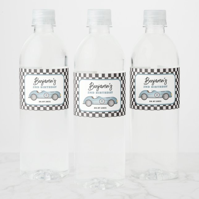 Retro Blue Race Car Two Fast Boy 2nd Birthday Water Bottle Label (Bottles)