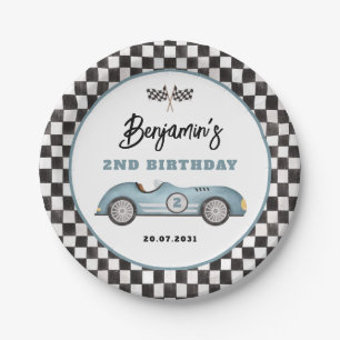 Retro Blue Race Car Two Fast Boy Birthday Paper Plate