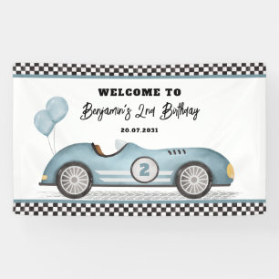 Retro Blue Race Car Two Fast Boy Birthday Welcome Banner