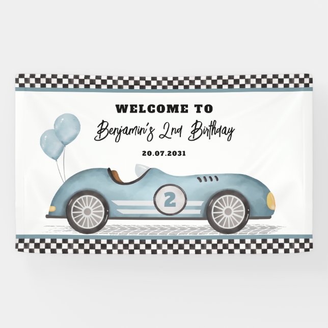 Retro Blue Race Car Two Fast Boy Birthday Welcome Banner (Horizontal)
