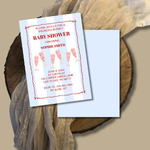Retro Blue Red Border Brunch & Bubbly Baby Shower Invitation