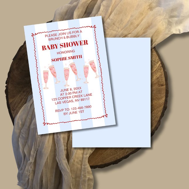 Retro Blue Red Border Brunch & Bubbly Baby Shower Invitation (Creator Uploaded)