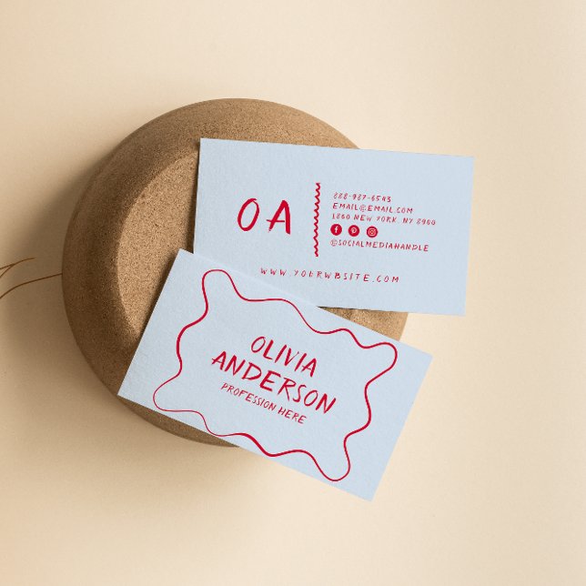 Retro Blue Red Hand Written Boho Unique Border Business Card (Creator Uploaded)