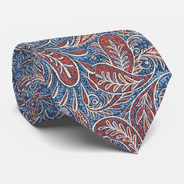 Retro Blue Red Paisley Pattern Tie (Rolled)