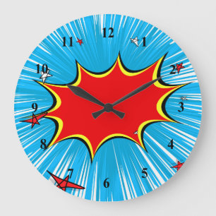Retro Blue & Red Stars Comic Explosion Large Clock