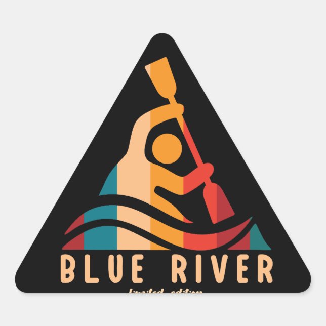 Retro Blue River Kayaking Triangle Sticker (Front)