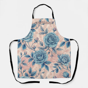 Retro Blue Rose Pattern on Soft Pink Background Apron