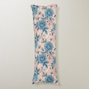 Retro Blue Rose Pattern on Soft Pink Background Body Cushion