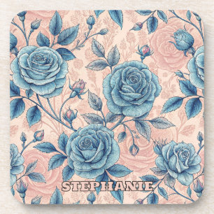 Retro Blue Rose Pattern on Soft Pink Background Coaster