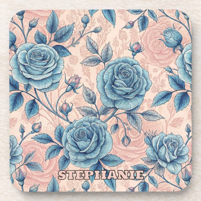 Retro Blue Rose Pattern on Soft Pink Background Coaster (Front)