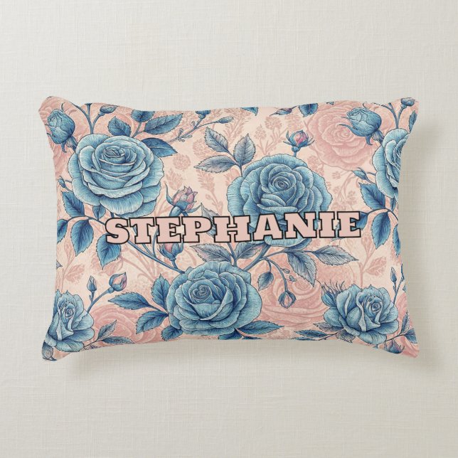 Retro Blue Rose Pattern on Soft Pink Background Decorative Cushion (Front)