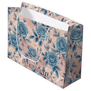 Retro Blue Rose Pattern on Soft Pink Background Large Gift Bag