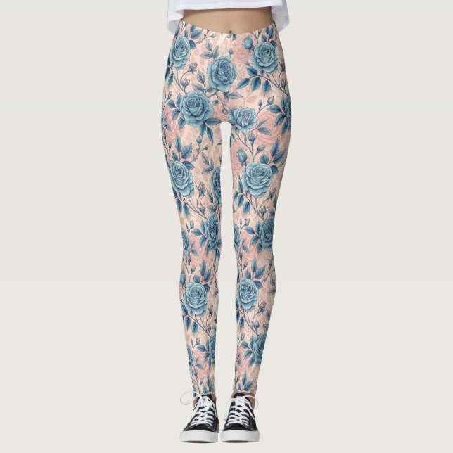 Retro Blue Rose Pattern on Soft Pink Background Leggings (Front)