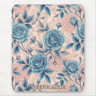Retro Blue Rose Pattern on Soft Pink Background Mouse Mat