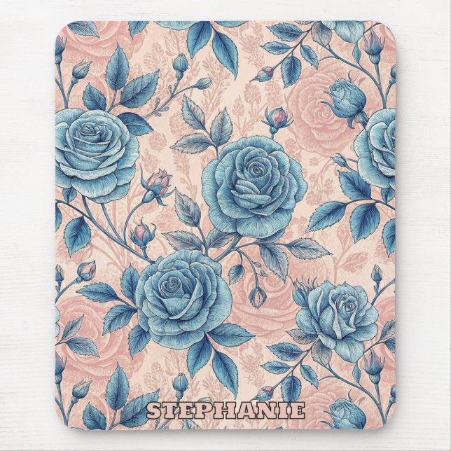 Retro Blue Rose Pattern on Soft Pink Background Mouse Mat (Front)