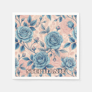 Retro Blue Rose Pattern on Soft Pink Background Napkin