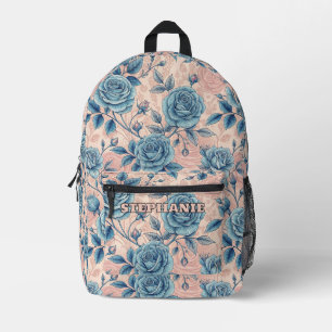 Retro Blue Rose Pattern on Soft Pink Background Printed Backpack