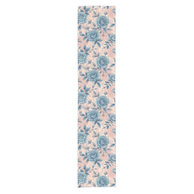 Retro Blue Rose Pattern on Soft Pink Background Short Table Runner (Front)