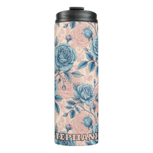 Retro Blue Rose Pattern on Soft Pink Background Thermal Tumbler
