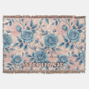 Retro Blue Rose Pattern on Soft Pink Background Throw Blanket