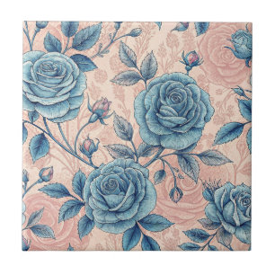 Retro Blue Rose Pattern on Soft Pink Background Tile