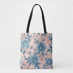 Retro Blue Rose Pattern on Soft Pink Background Tote Bag