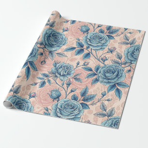 Retro Blue Rose Pattern on Soft Pink Background Wrapping Paper