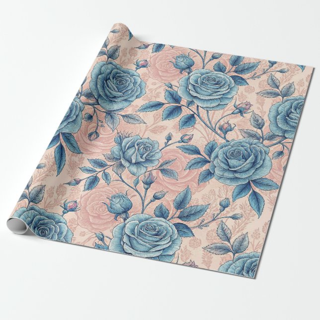 Retro Blue Rose Pattern on Soft Pink Background Wrapping Paper (Unrolled)