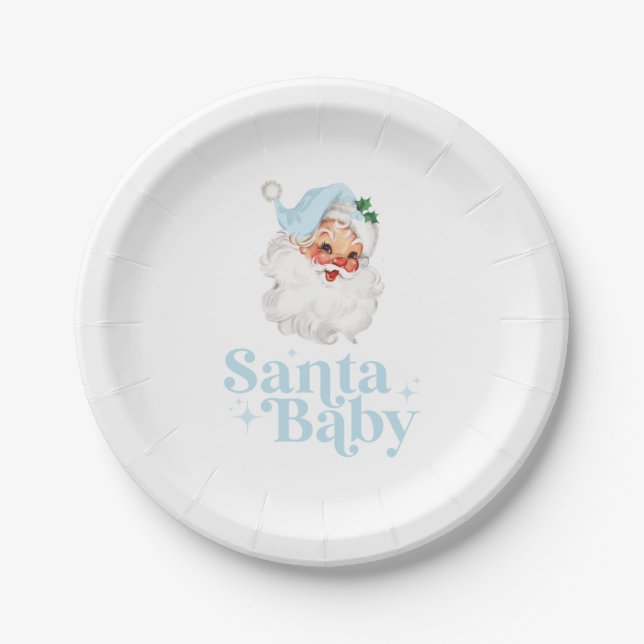 Retro Blue Santa Baby christmas baby shower Paper Plate (Front)