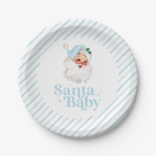 Retro Blue Santa Baby christmas baby shower Paper Plate