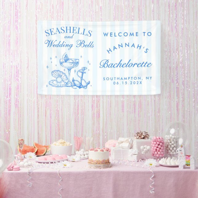 Retro Blue Seashells & Wedding Bells Bachelorette  Banner (Party)