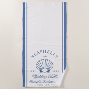 Retro Blue Seashells & Wedding Bells Bachelorette  Beach Towel