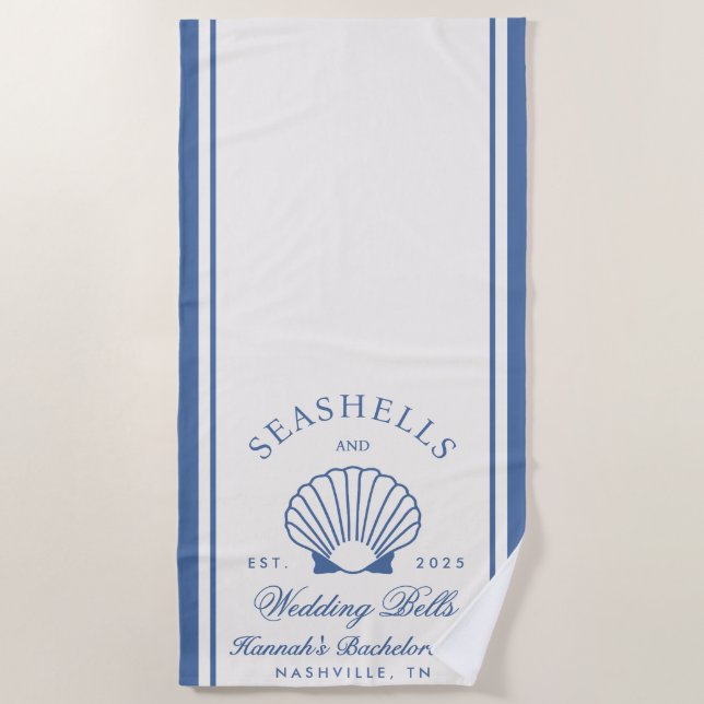 Retro Blue Seashells & Wedding Bells Bachelorette  Beach Towel (Front)