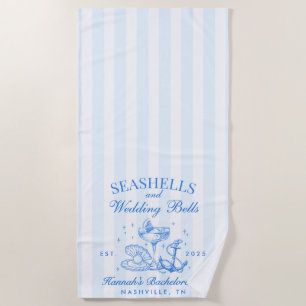 Retro Blue Seashells & Wedding Bells Bachelorette  Beach Towel
