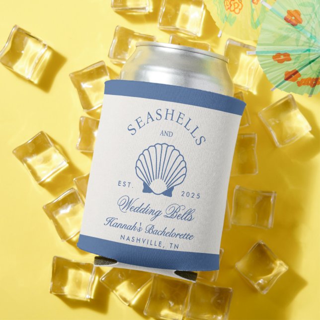 Retro Blue Seashells & Wedding Bells Bachelorette  Can Cooler (In Situ Summer)