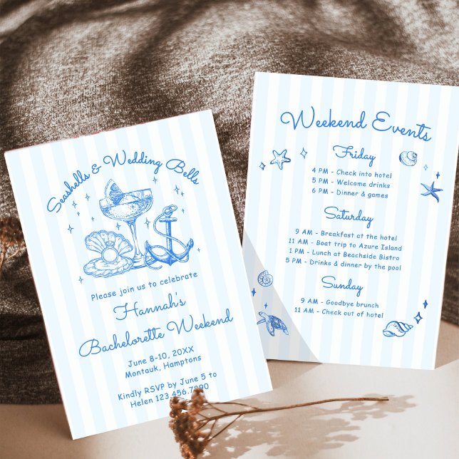 Retro Blue Seashells & Wedding Bells Bachelorette Invitation (Creator Uploaded)