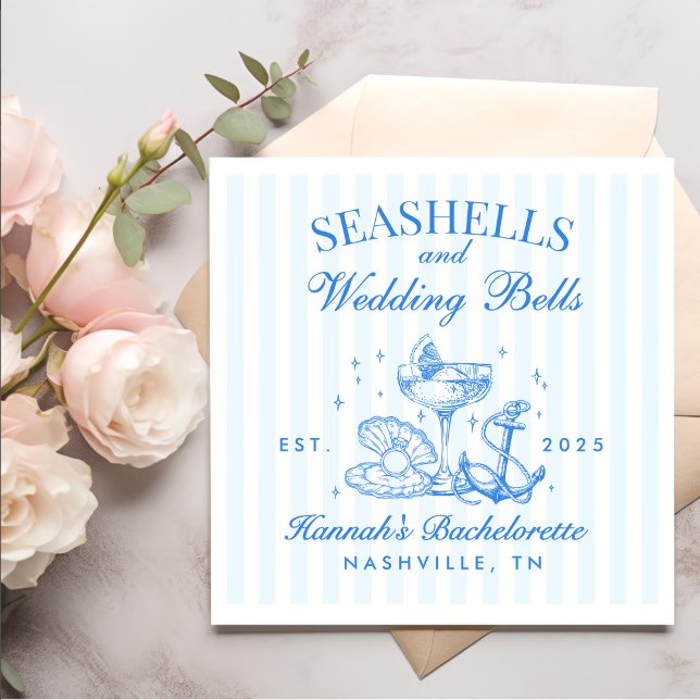 Retro Blue Seashells & Wedding Bells Bachelorette  Napkin (Creator Uploaded)