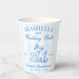 Retro Blue Seashells & Wedding Bells Bachelorette Paper Cups